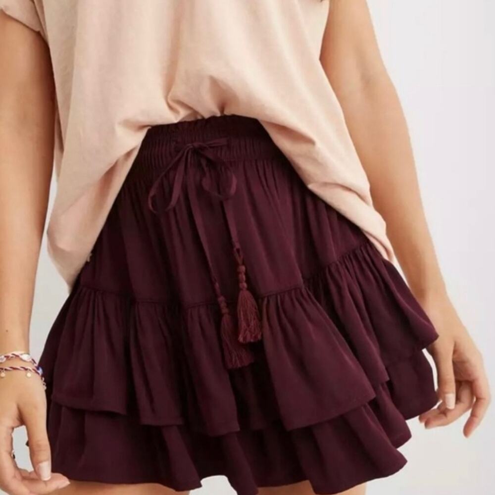 NWT Aerie Sweet & Silky Satin Ruffle Tiered Mini Skirt Wine Purple Burgundy XS